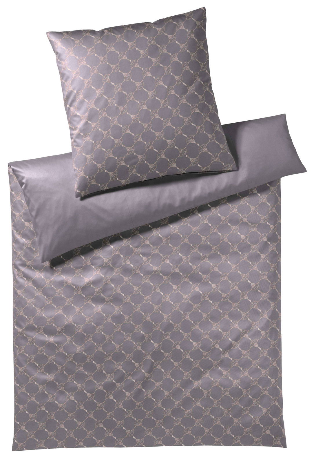 Bettwäsche-Set in Grau mit geometrischem Muster, bestehend aus einem Kissenbezug und einem Bettdeckenbezug, aus der Vogelperspektive fotografiert.