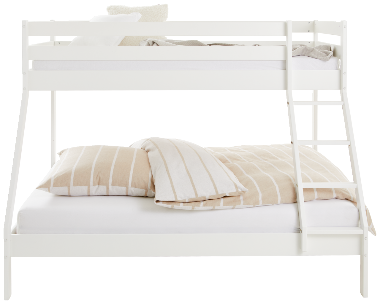 Weißes Etagenbett mit Leiter, Ansicht von vorne, mit gestreifter Bettwäsche auf beiden Ebenen.