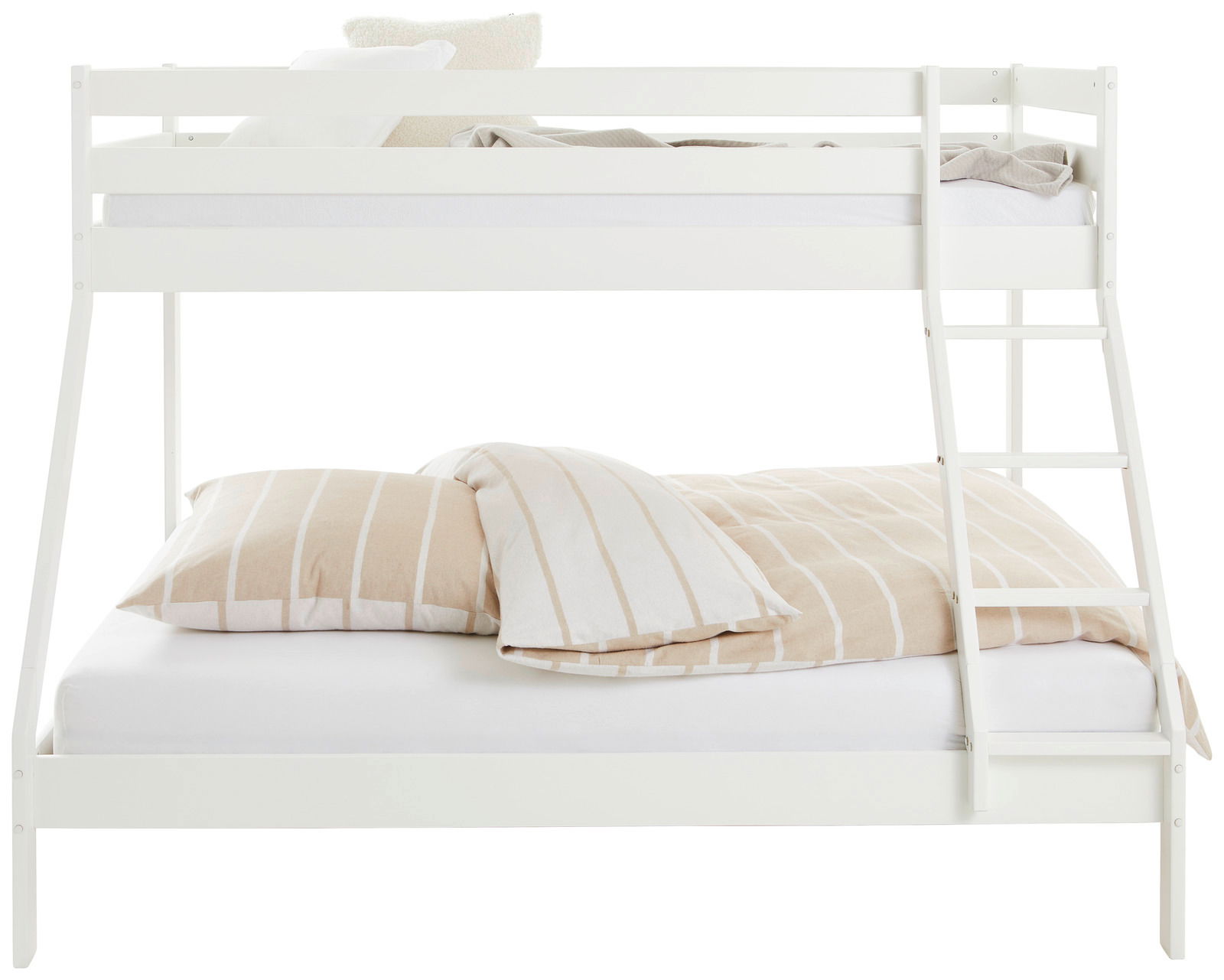 Weißes Etagenbett mit Leiter, Ansicht von vorne, mit gestreifter Bettwäsche auf beiden Ebenen.
