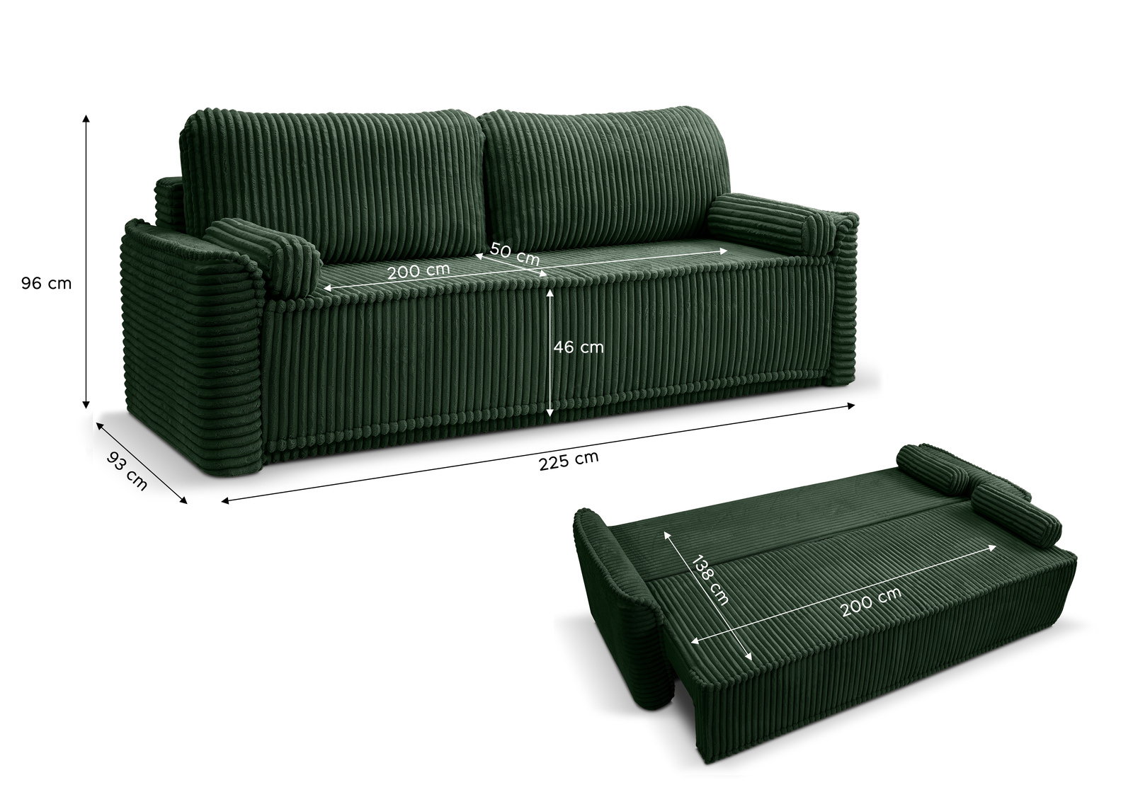 Grünes Schlafsofa mit geripptem Stoff, abgebildet in zwei Perspektiven: als Sofa und ausgeklappt als Bett. Maße: 225 cm Breite, 96 cm Höhe, 93 cm Tiefe im Sofazustand; 200 cm Länge, 138 cm Breite im Bettzustand.