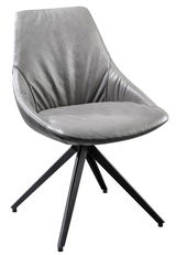 Moderner grauer Stuhl mit gepolsterter Sitzfläche und schwarzem Metallgestell, seitliche Perspektive