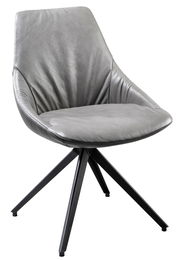 Moderner grauer Stuhl mit gepolsterter Sitzfläche und schwarzem Metallgestell, seitliche Perspektive