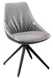 Moderner grauer Stuhl mit gepolsterter Sitzfläche und schwarzem Metallgestell, seitliche Perspektive