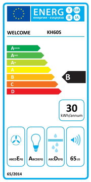EU-energielabel voor WELCOME KH60S met energieklasse B, jaarlijks verbruik 30 kWh/annum en geluidsniveau 65 dB, frontaal aanzicht.