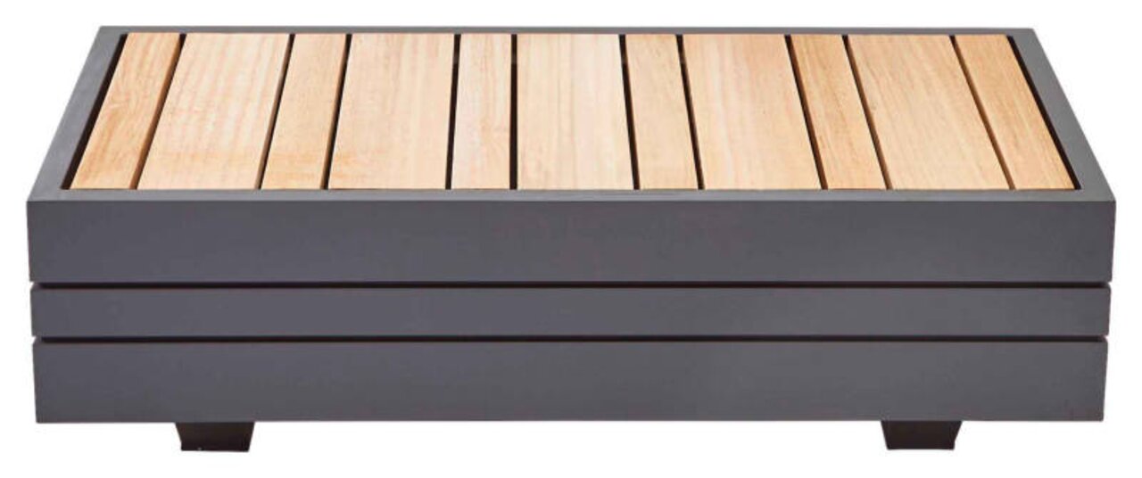 Moderner Kaffeetisch mit Holzlatten und dunklem Rahmen, seitliche Perspektive