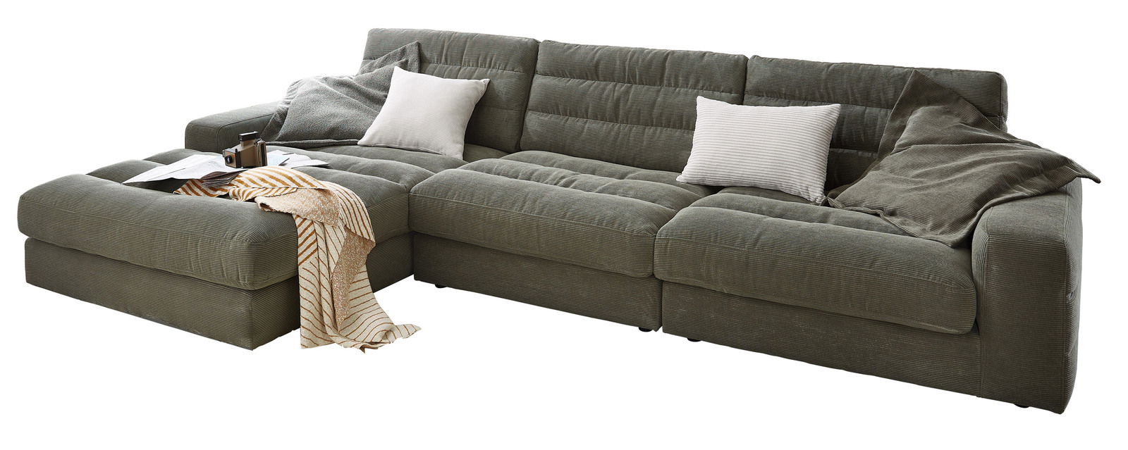 Grüne Longchairkombination mit Kissen und Decke, seitliche Perspektive