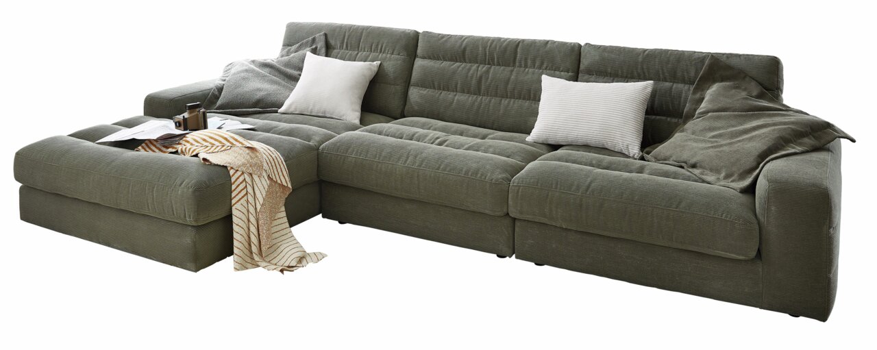 Grüne Longchairkombination mit Kissen und Decke, seitliche Perspektive