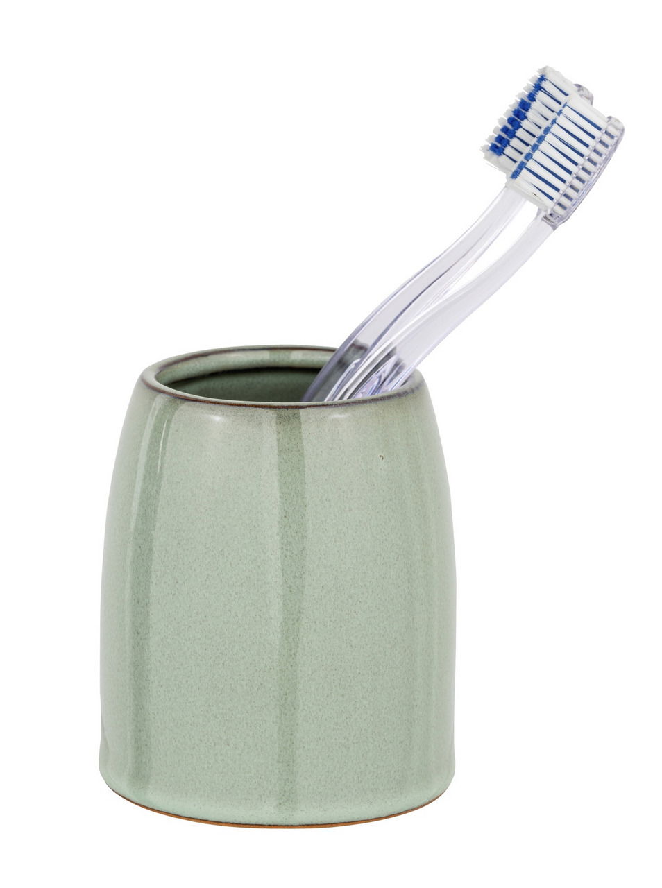 Grüner Zahnputzbecher mit Zahnbürste, seitliche Perspektive