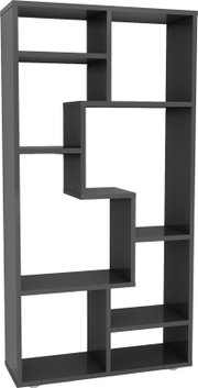 Modernes, asymmetrisches Standregal in Anthrazit/Schwarz mit offenen Fächern in geometrischer Anordnung, freistehend; Ansicht schräg von vorne (3/4-Perspektive)