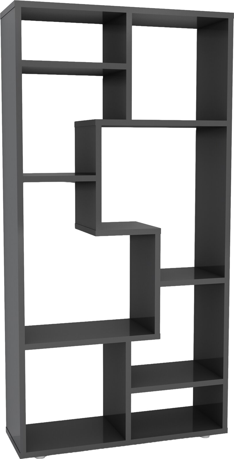 Modernes, asymmetrisches Standregal in Anthrazit/Schwarz mit offenen Fächern in geometrischer Anordnung, freistehend; Ansicht schräg von vorne (3/4-Perspektive)