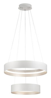 Moderne, zweistufige Pendelleuchte LOOP in Weiß, von unten betrachtet.