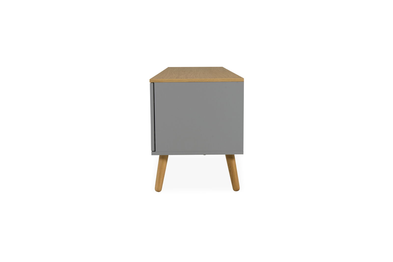 Seitenansicht eines modernen TV-Boards mit grauer Front und Holzbeinen.