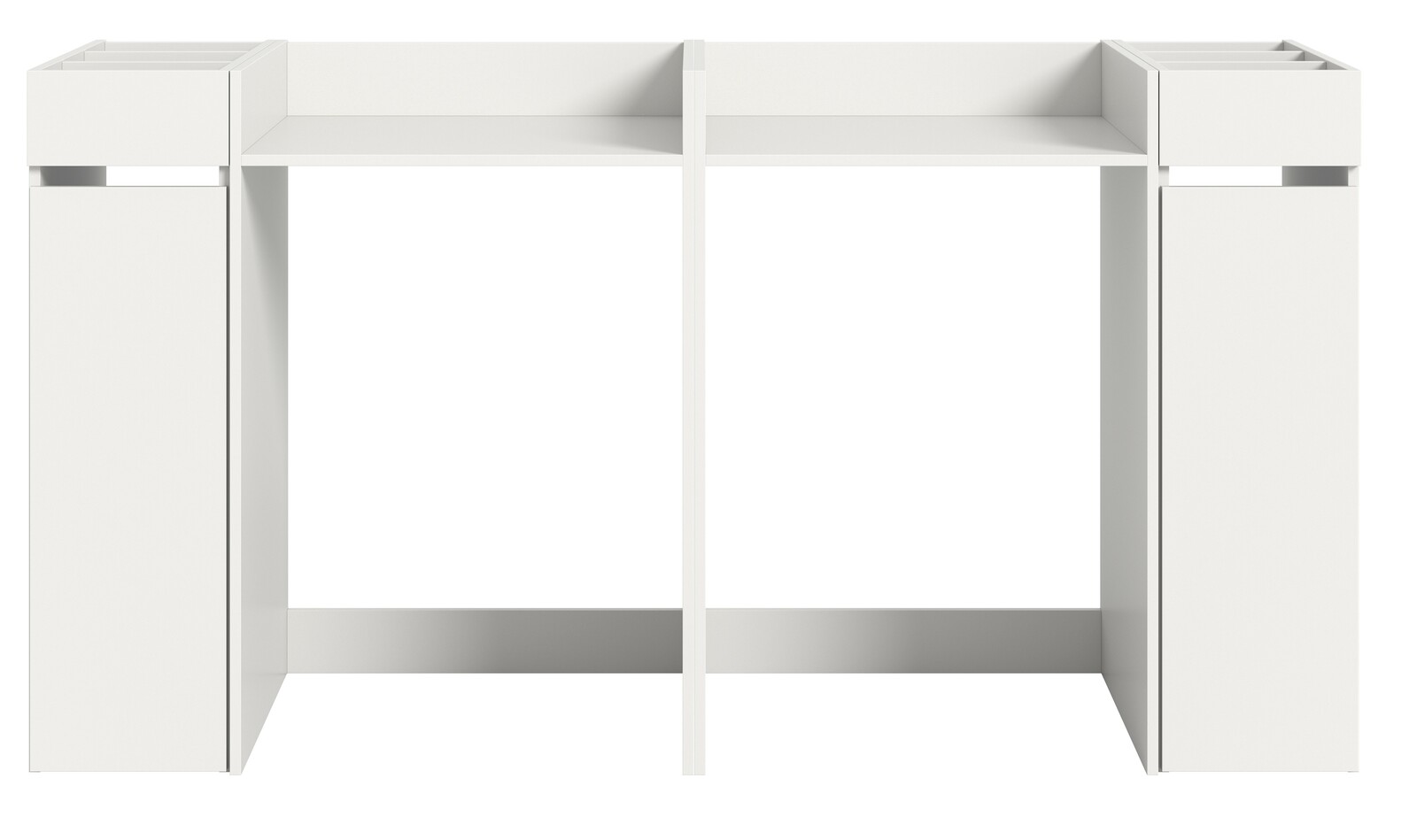 Frontansicht eines weißen Waschmaschinenumbausets mit zwei seitlichen Stauräumen und einer oberen Ablagefläche.