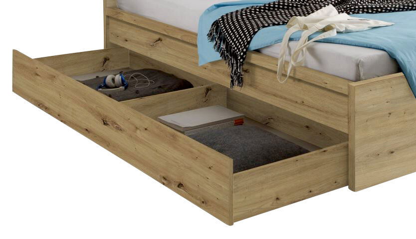 Z2 Bettschubkasten MALMÖ Holzfarbener Bettschubkasten mit offener Schublade, gefüllt mit Kleidung und Accessoires, seitliche Perspektive