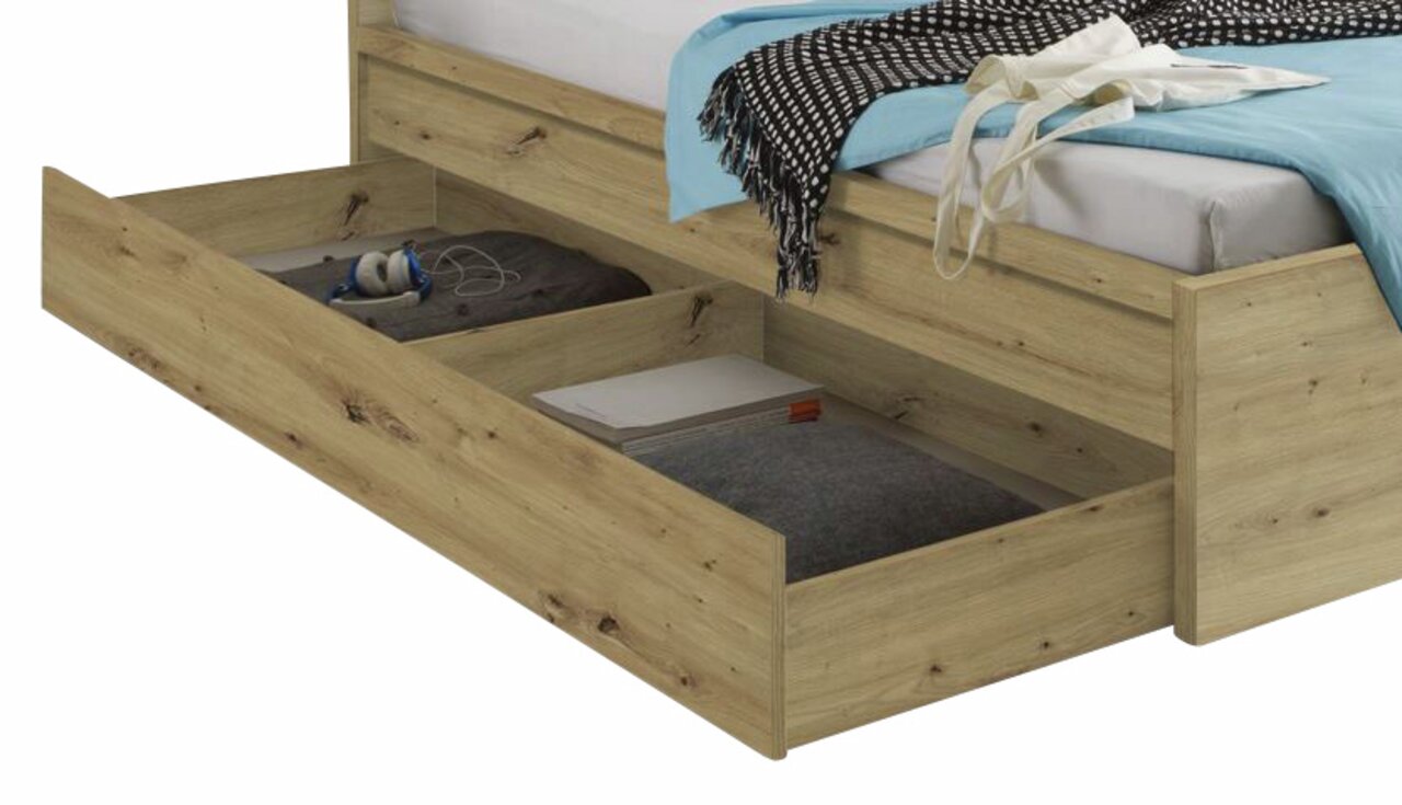 Z2 Bettschubkasten MALMÖ Holzfarbener Bettschubkasten mit offener Schublade, gefüllt mit Kleidung und Accessoires, seitliche Perspektive