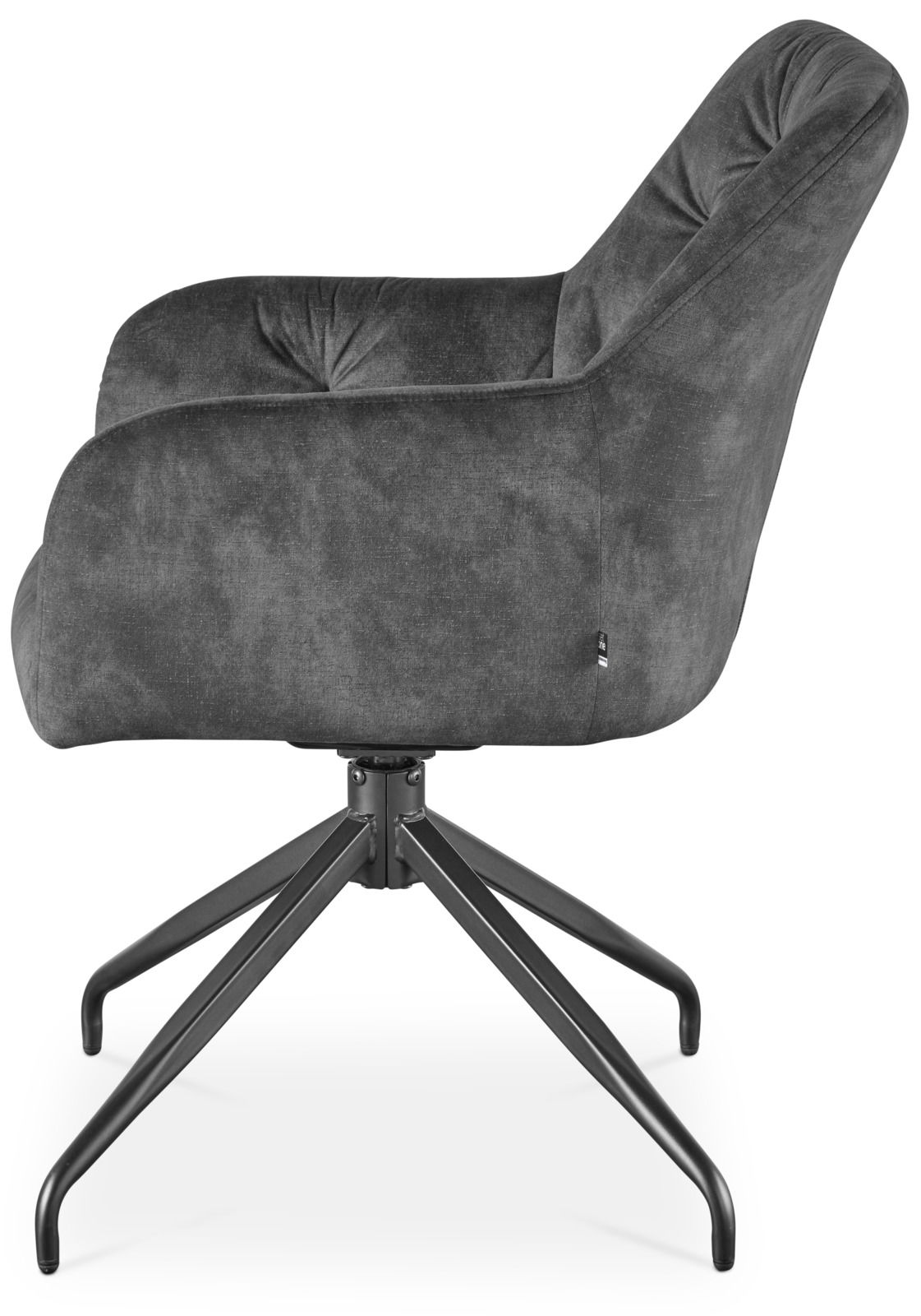 Seitenansicht eines modernen Armlehnstuhls mit schwarzem Stoffbezug und stabilem Metallgestell.