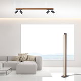 Moderne Deckenleuchte PURE-LINES in einem stilvollen Wohnzimmer, aus der Perspektive von unten betrachtet.