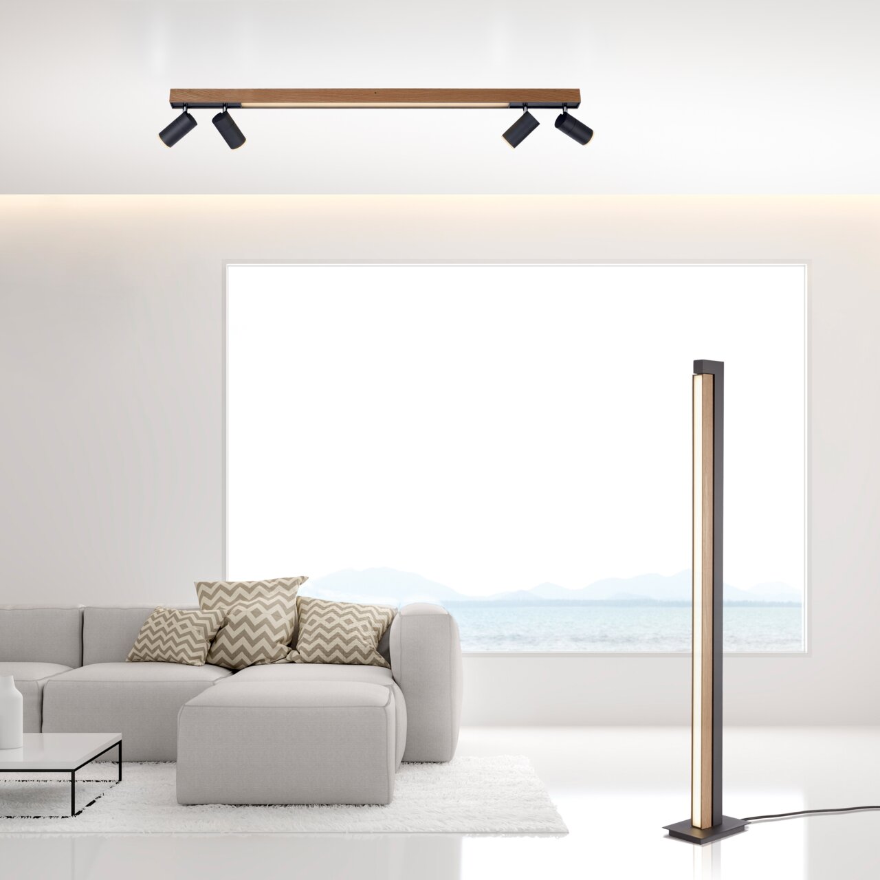 Moderne Deckenleuchte PURE-LINES in einem stilvollen Wohnzimmer, aus der Perspektive von unten betrachtet.