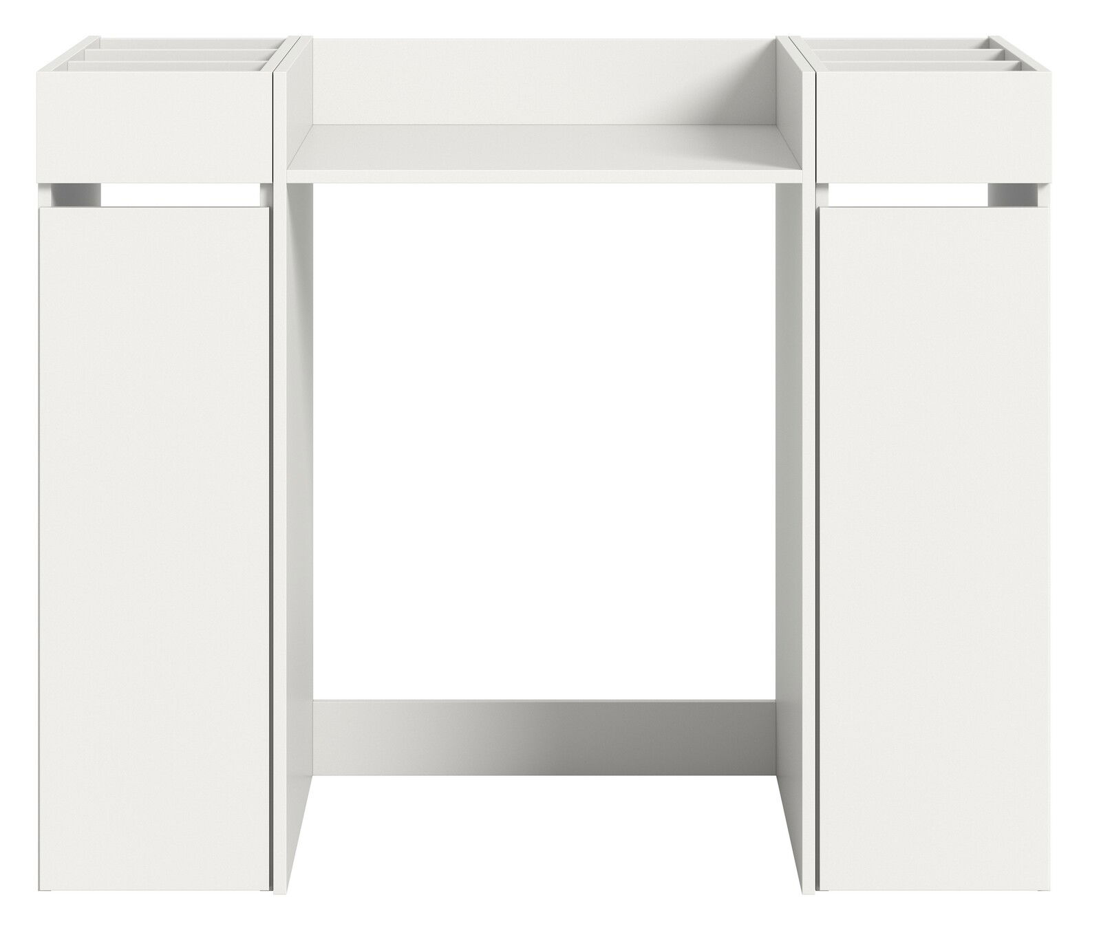 Frontansicht eines weißen Waschmaschinenumbausets mit zwei seitlichen Stauräumen und einer oberen Ablage.