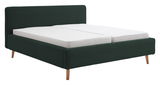 Polsterbett in dunklem Grün mit Holzfüßen, seitliche Perspektive