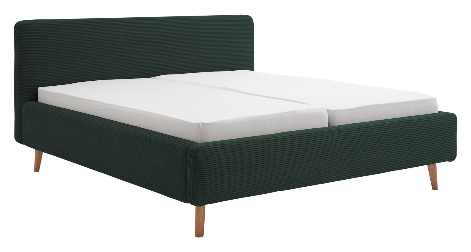 Polsterbett in dunklem Grün mit Holzfüßen, seitliche Perspektive