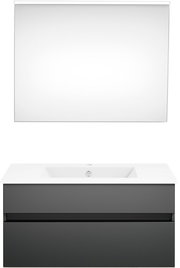 Moderne Badkombination mit rechteckigem Spiegel und grauem Waschtischunterschrank, Frontalansicht