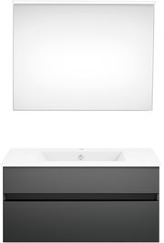 Moderne Badkombination mit rechteckigem Spiegel und grauem Waschtischunterschrank, Frontalansicht