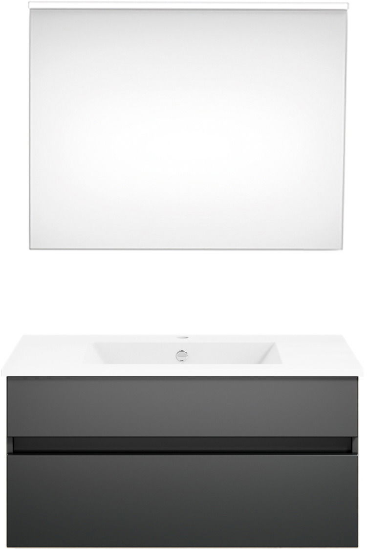 Moderne Badkombination mit rechteckigem Spiegel und grauem Waschtischunterschrank, Frontalansicht