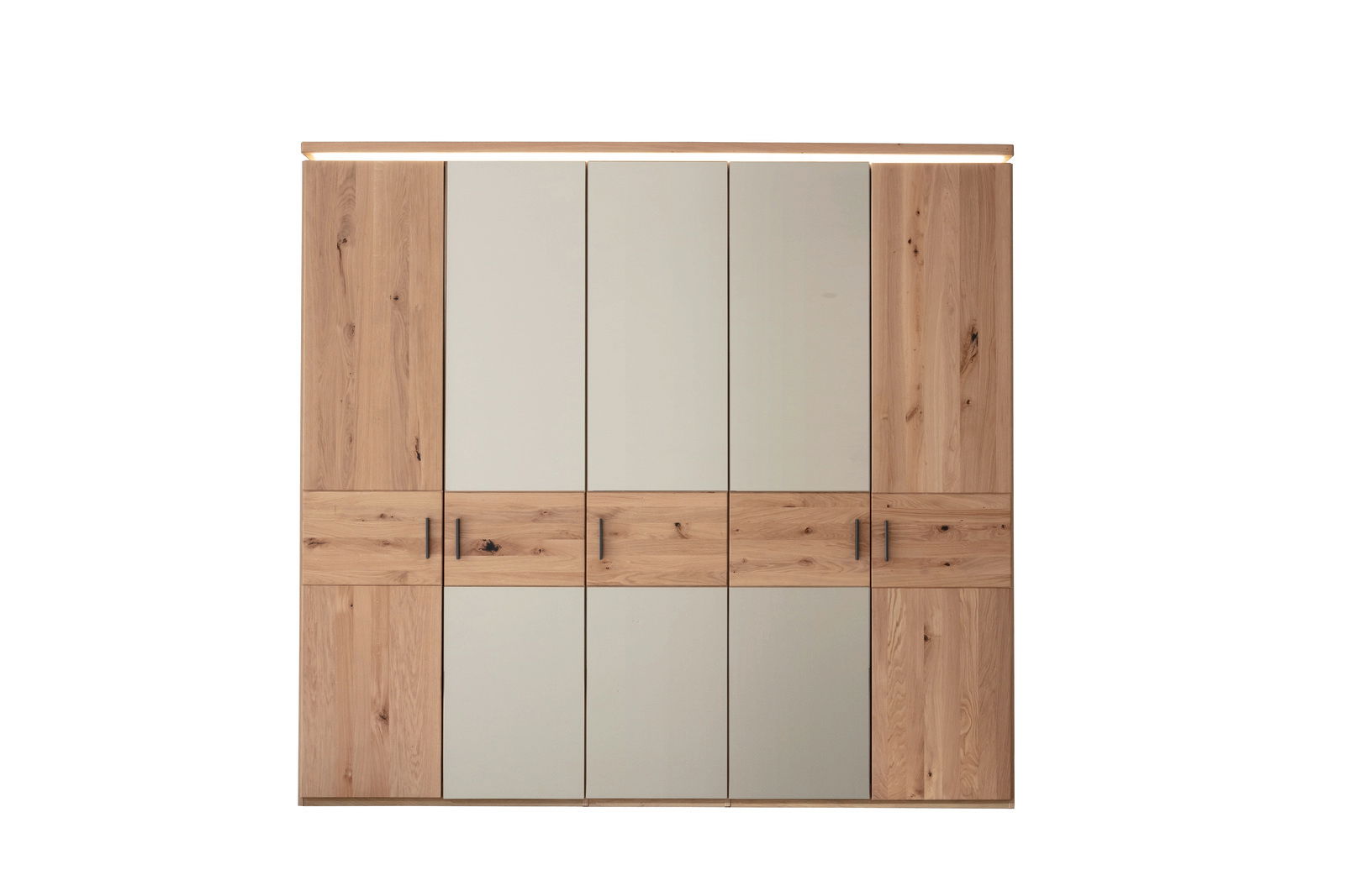 Fünf-türiger Drehtürenschrank aus Holz mit Spiegeln, Frontalansicht