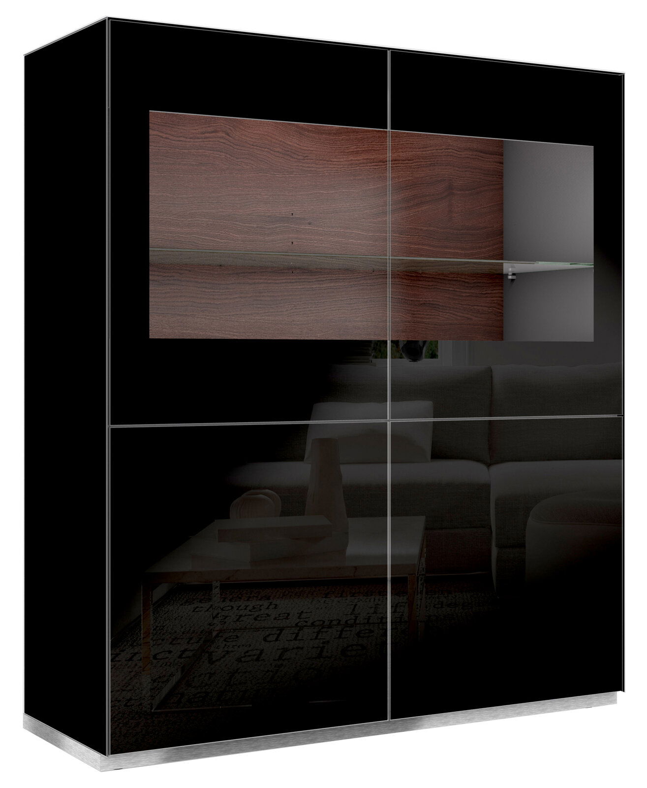 Munari Highboard-Vitrine MODENA Frontansicht einer modernen Highboard-Vitrine mit schwarzer Hochglanzoberfläche und einem Holzeinsatz.