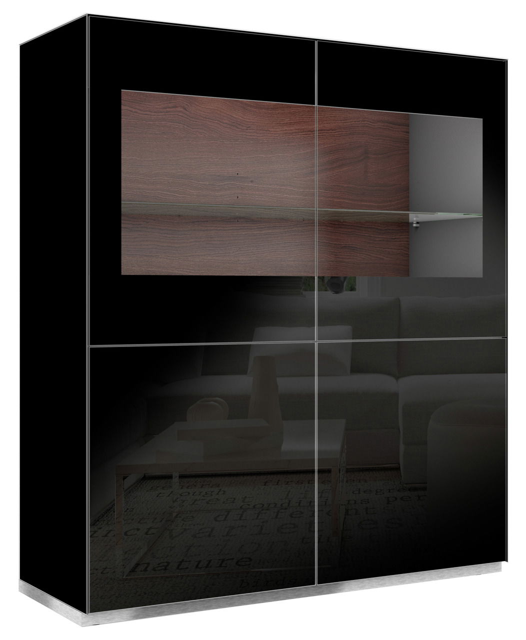 Frontansicht einer modernen Highboard-Vitrine mit schwarzer Hochglanzoberfläche und einem Holzeinsatz.
