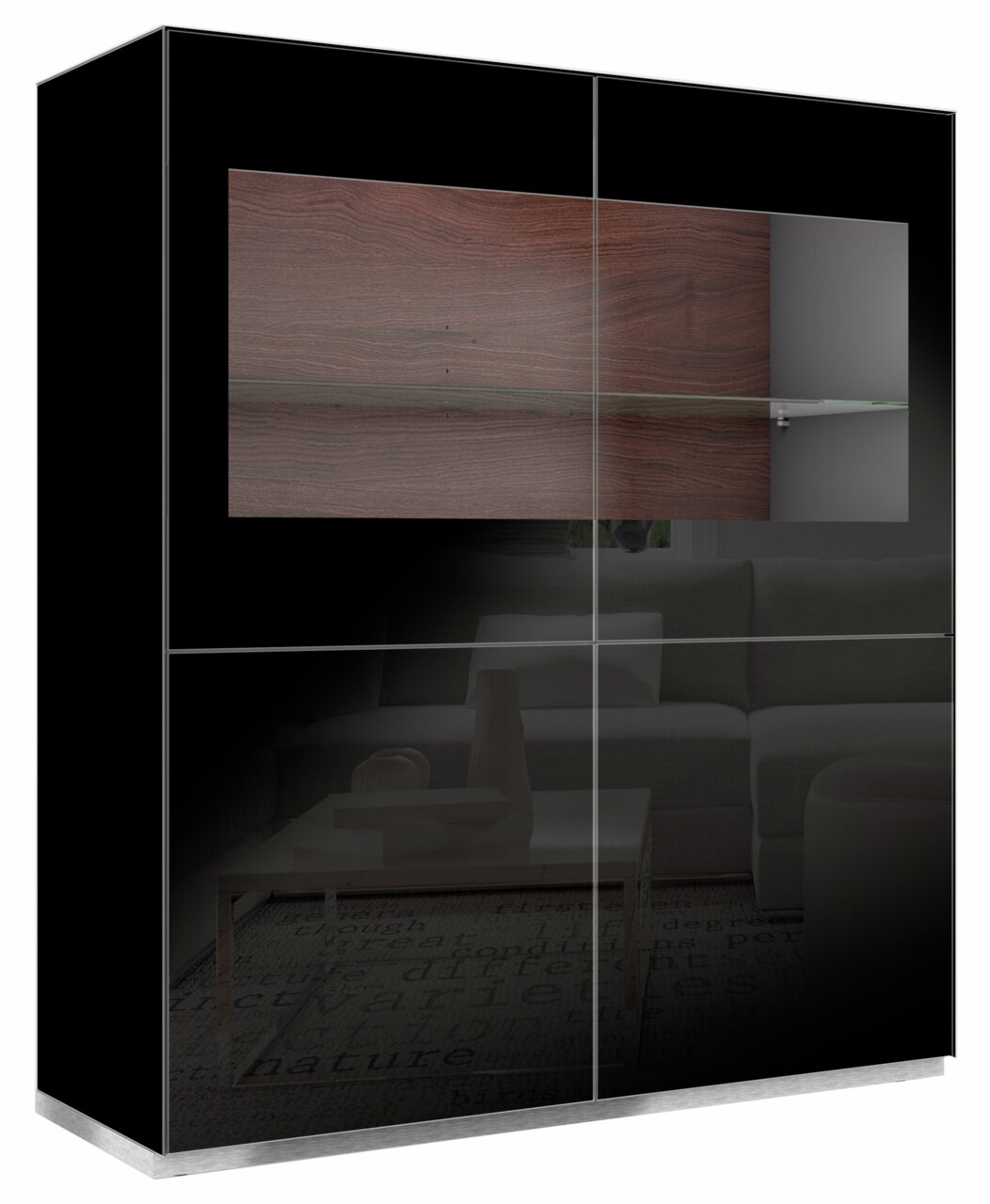 Frontansicht einer modernen Highboard-Vitrine mit schwarzer Hochglanzoberfläche und einem Holzeinsatz.