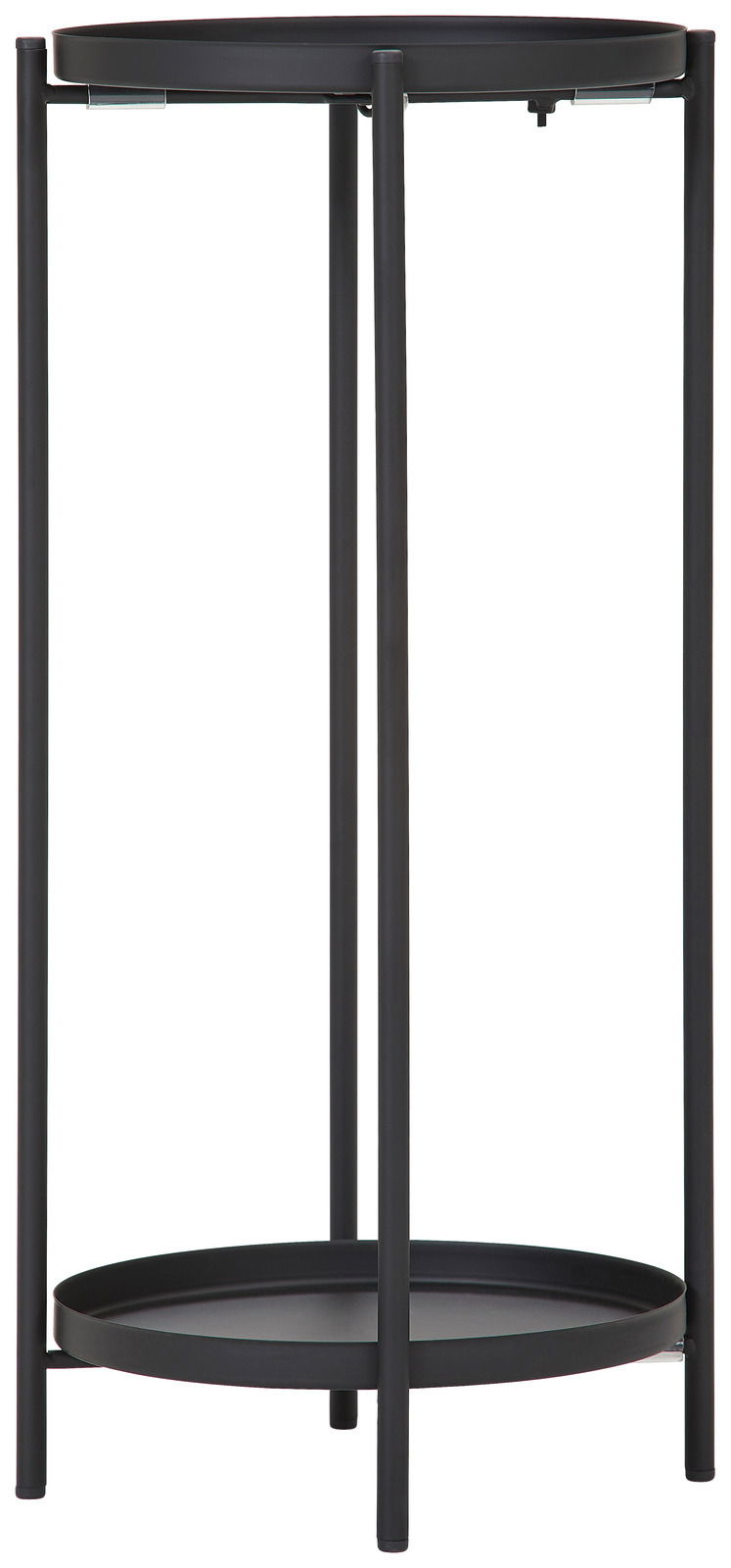 Schwarze Blumensäule oder Beistelltisch aus Metall mit zwei runden Ablageflächen, frontal betrachtet.