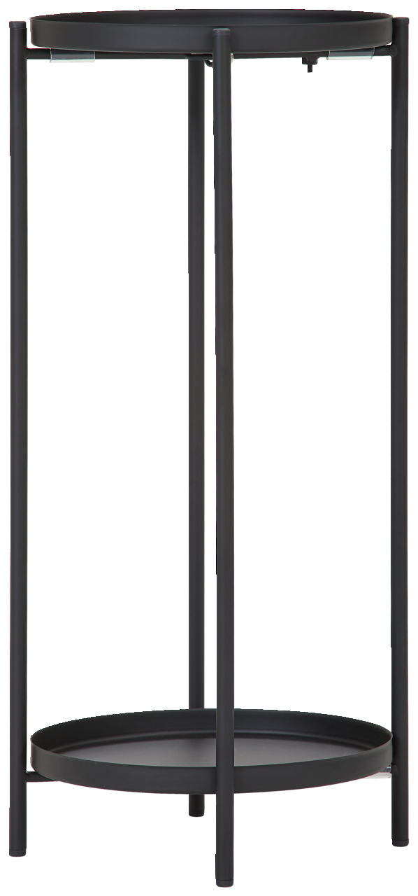 Schwarze Blumensäule oder Beistelltisch aus Metall mit zwei runden Ablageflächen, frontal betrachtet.