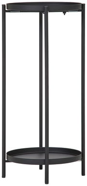 Schwarze Blumensäule oder Beistelltisch aus Metall mit zwei runden Ablageflächen, frontal betrachtet.