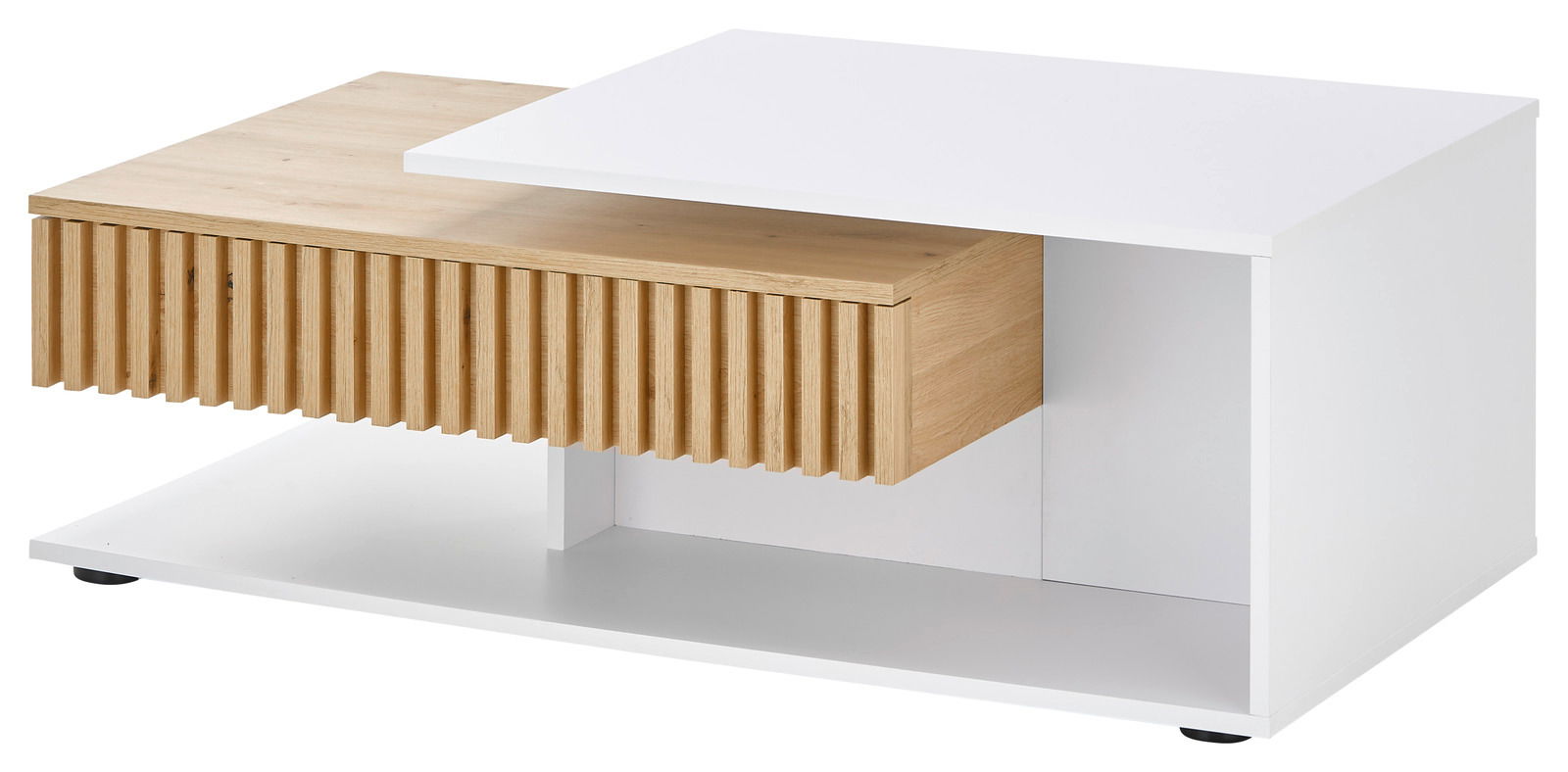 Moderner Couchtisch mit weißer und holzfarbener Oberfläche, seitliche Perspektive