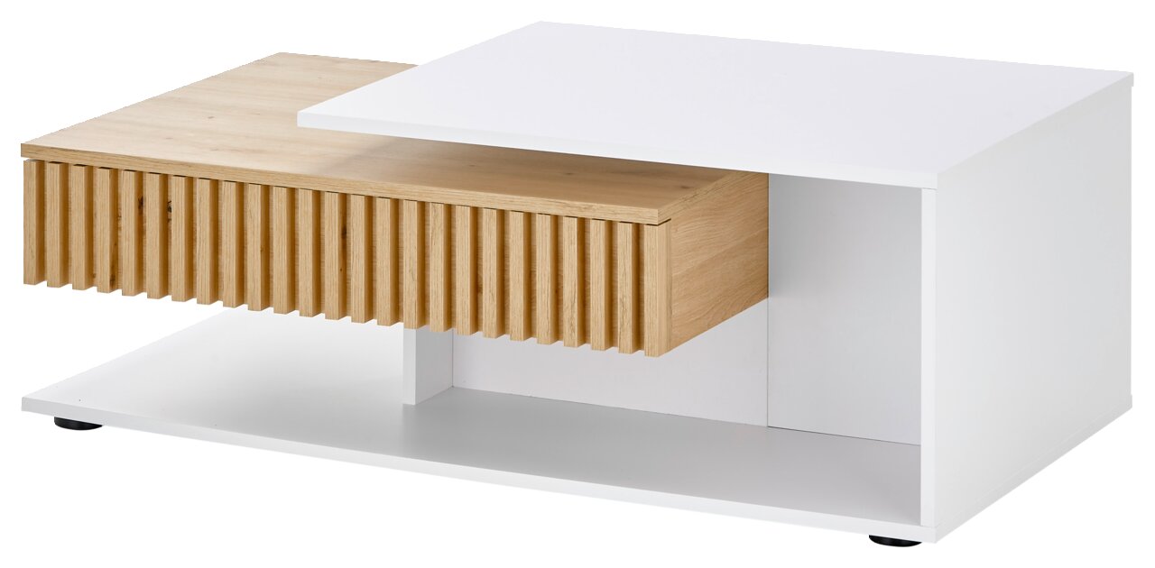 Moderner Couchtisch mit weißer und holzfarbener Oberfläche, seitliche Perspektive