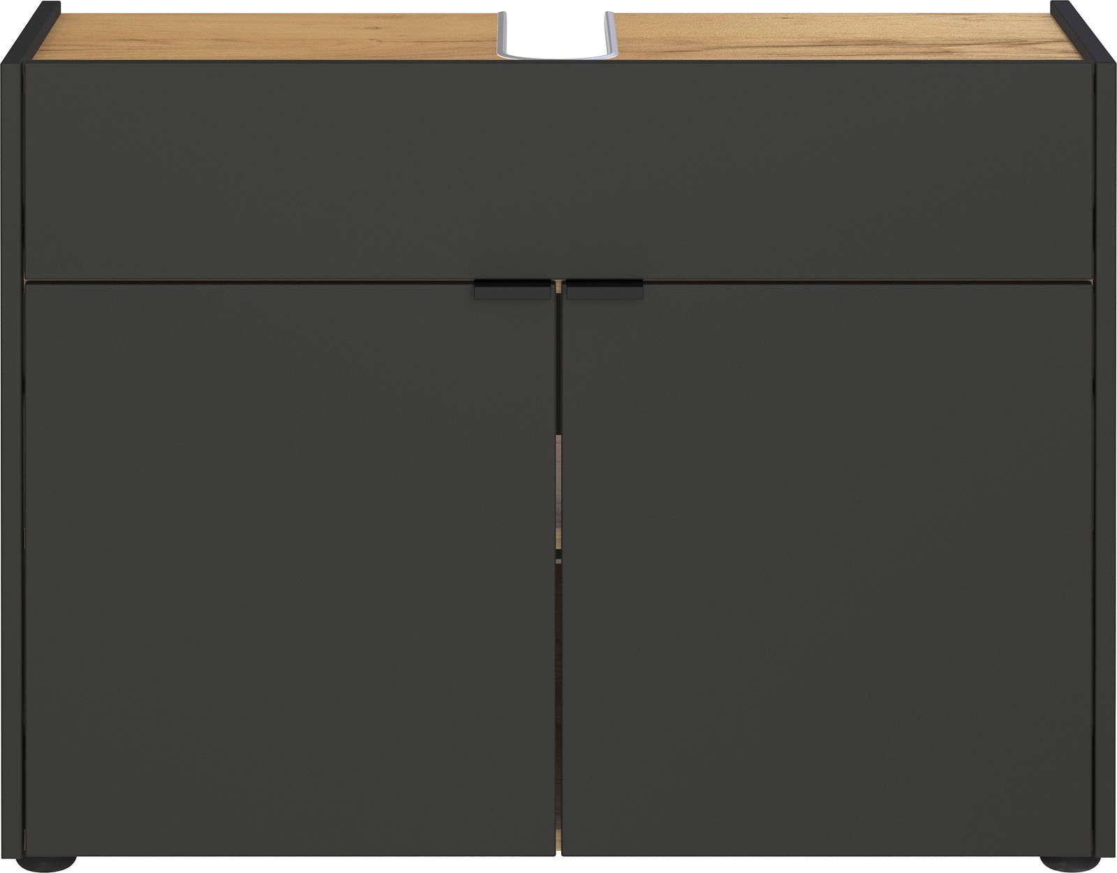 Moderner Waschbeckenunterschrank in dunklem Design mit Holzoberfläche, Frontalansicht