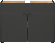 Moderner Waschbeckenunterschrank in dunklem Design mit Holzoberfläche, Frontalansicht