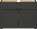 Moderner Waschbeckenunterschrank in dunklem Design mit Holzoberfläche, Frontalansicht