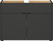 Moderner Waschbeckenunterschrank in dunklem Design mit Holzoberfläche, Frontalansicht