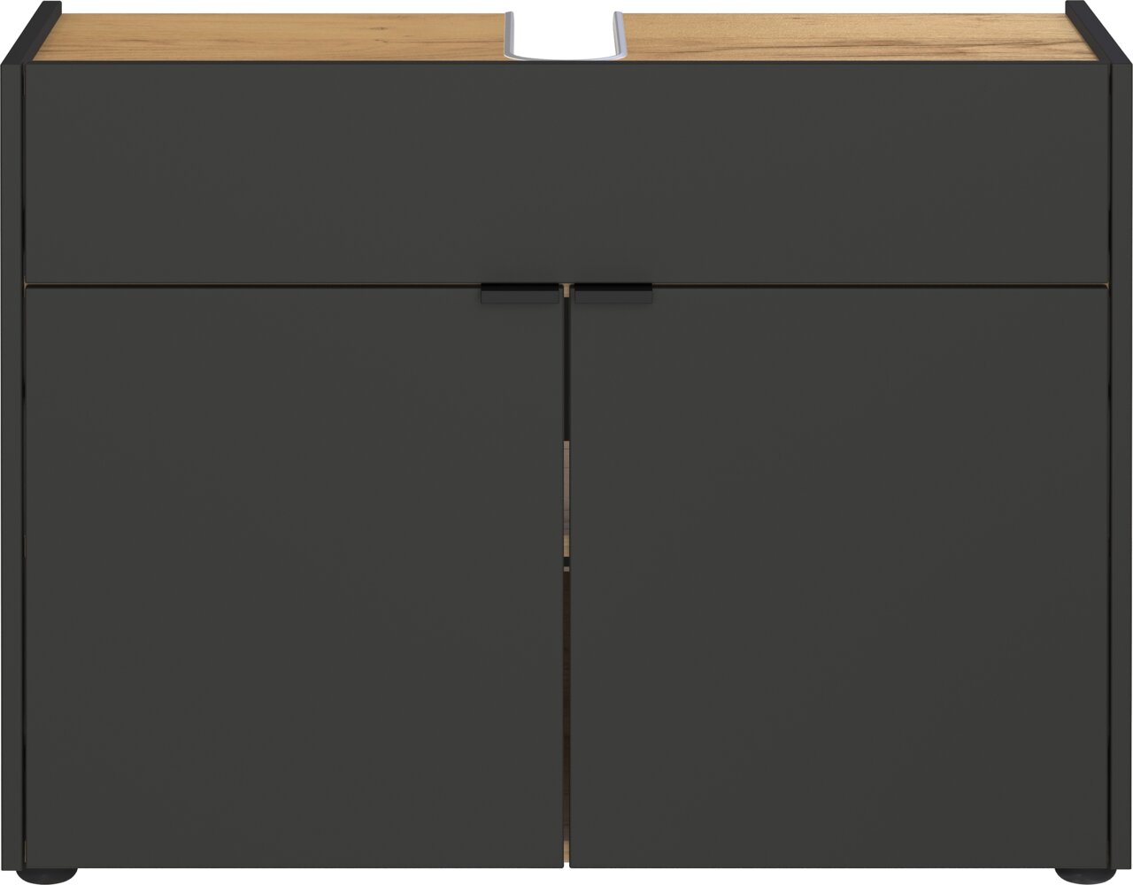 Moderner Waschbeckenunterschrank in dunklem Design mit Holzoberfläche, Frontalansicht