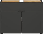 Moderner Waschbeckenunterschrank in dunklem Design mit Holzoberfläche, Frontalansicht