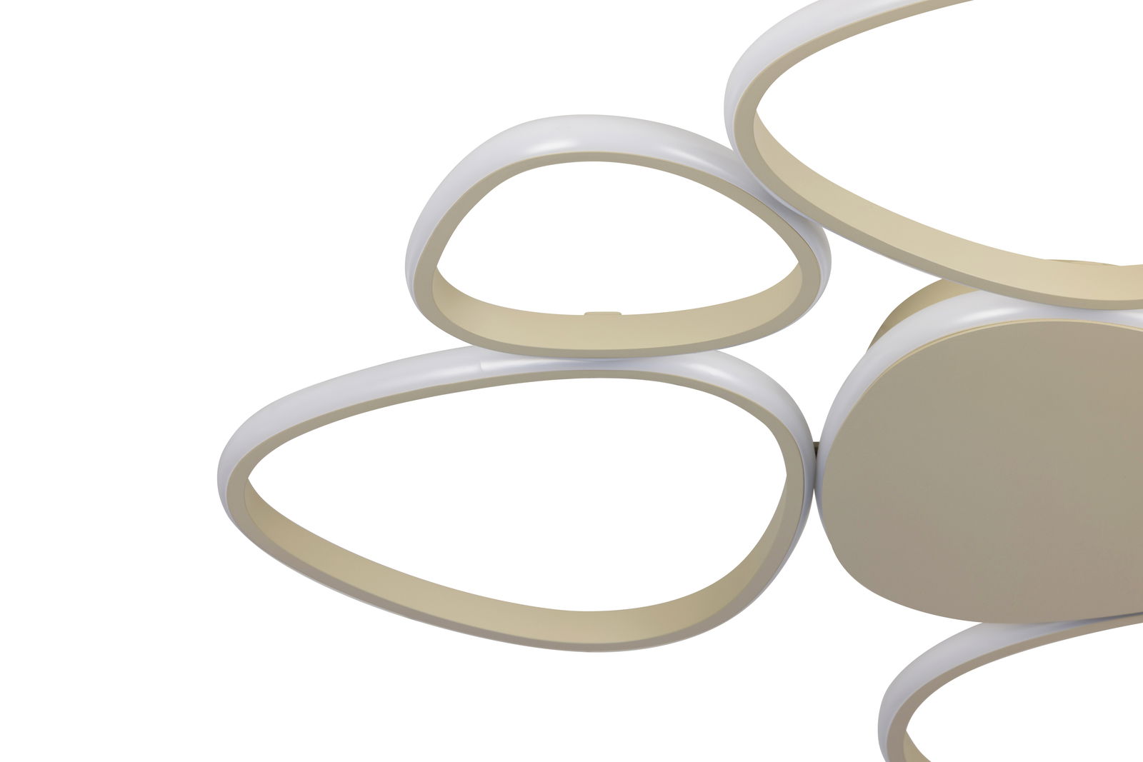 Moderne LED-Deckenleuchte mit geschwungenen, ovalen Formen, seitliche Perspektive