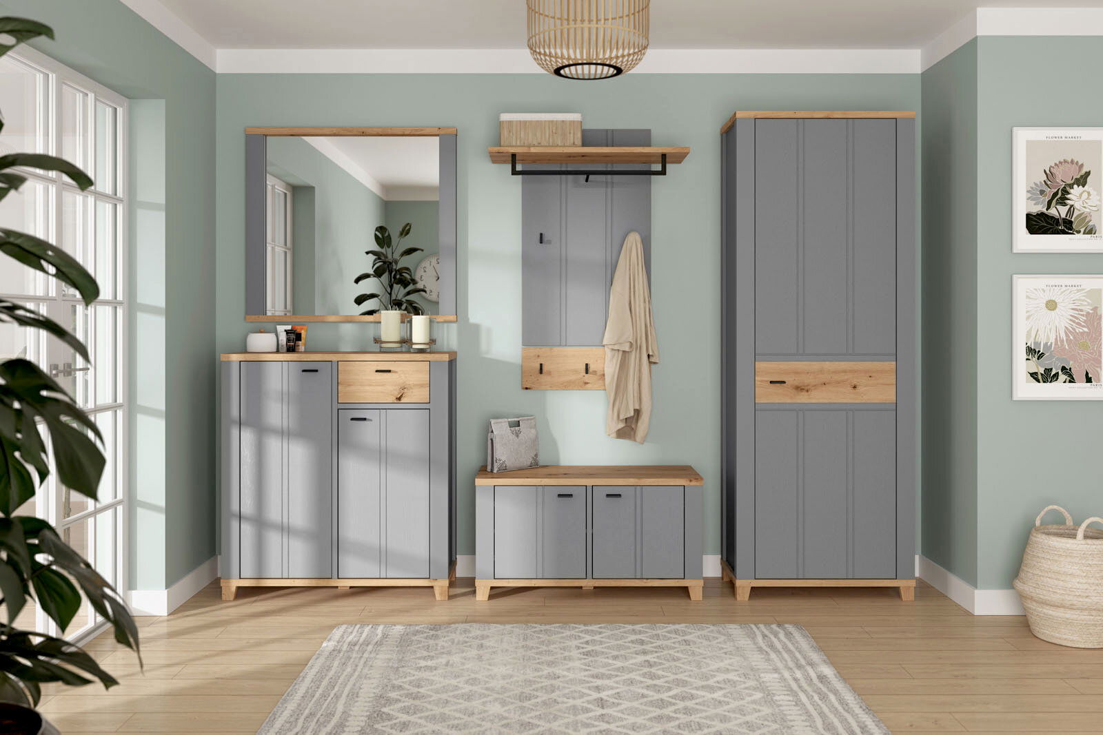 Moderne Garderobenkombination in einem Flur mit Schuhschrank, Spiegel, Bank, Garderobenpaneel und Garderobenschrank in grauer und holzfarbener Optik, frontal betrachtet.
