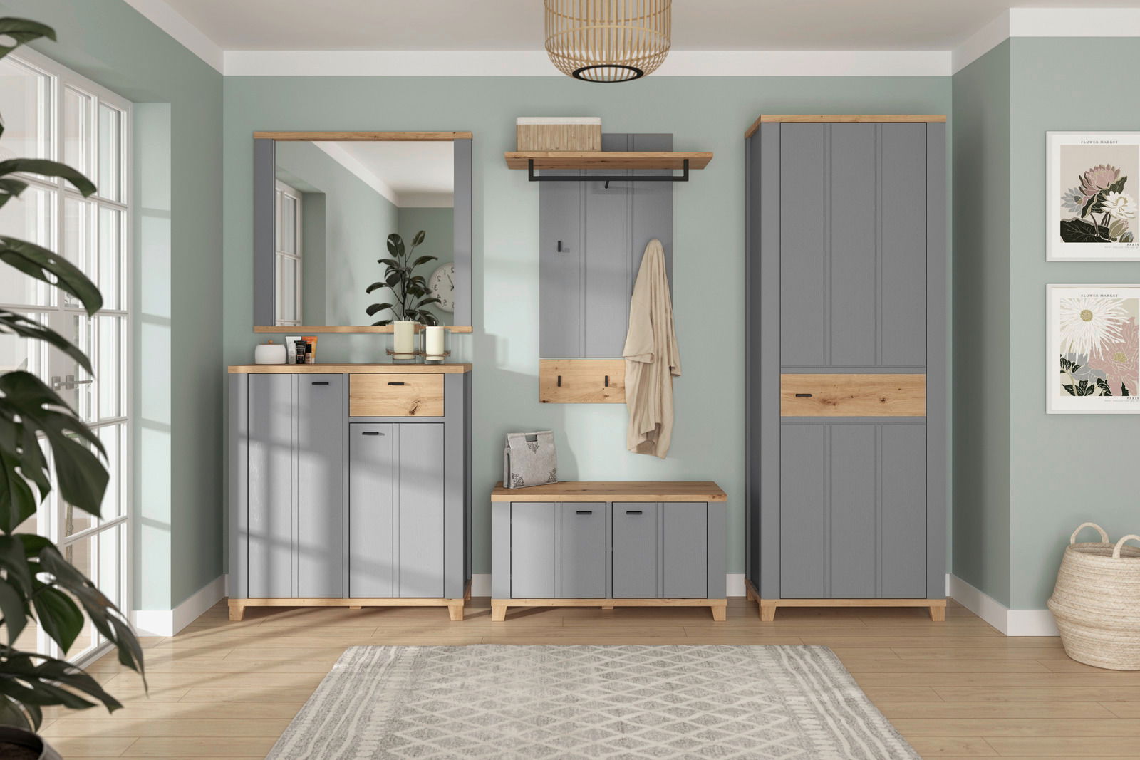 Moderne Garderobenkombination in einem Flur mit Schuhschrank, Spiegel, Bank, Garderobenpaneel und Garderobenschrank in grauer und holzfarbener Optik, frontal betrachtet.