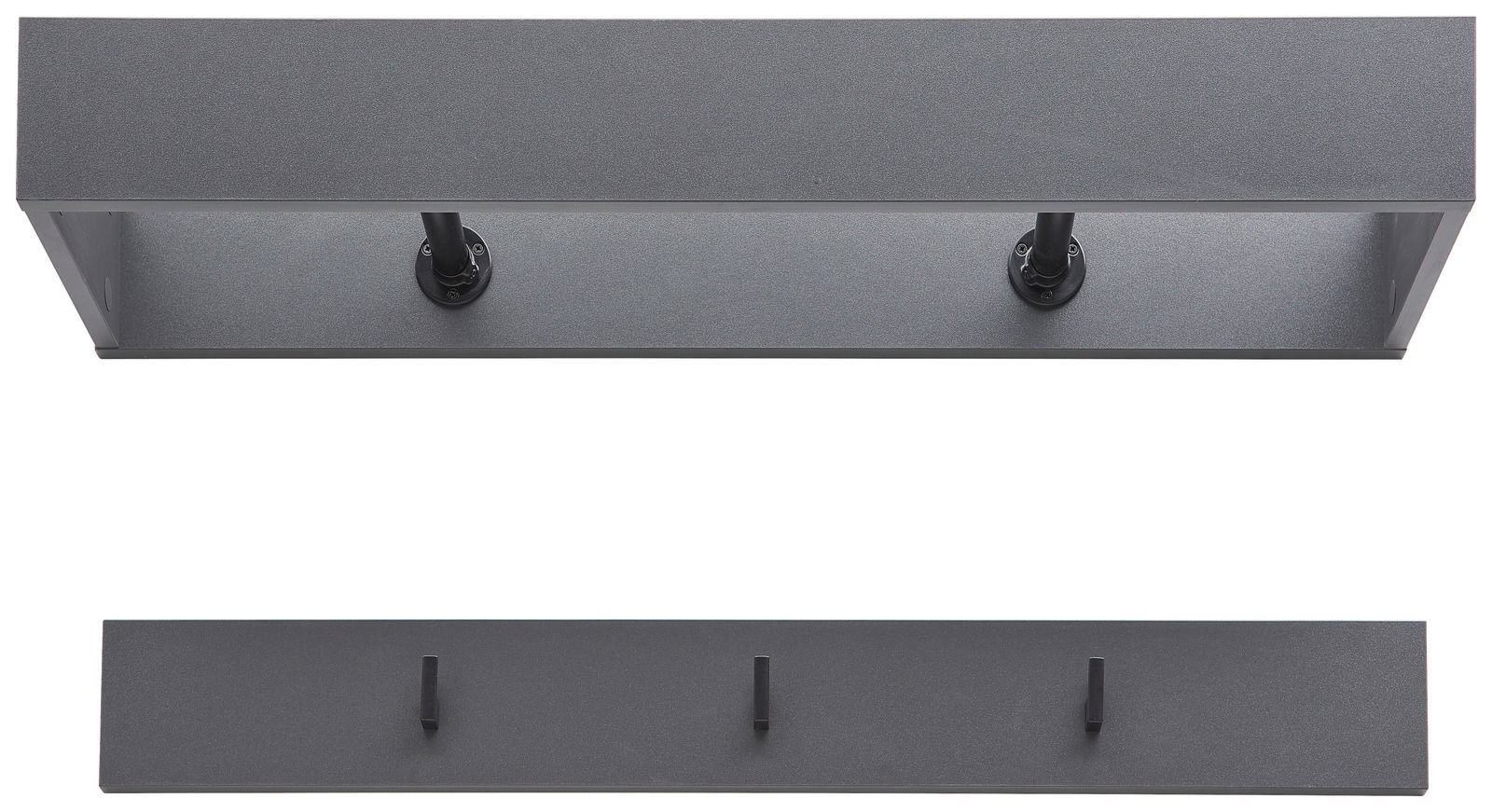 Garderobenpaneel-Set in dunklem Grau, bestehend aus einem oberen Regal mit zwei Kleiderstangen und einem unteren Paneel mit drei Haken, aus der Vorderansicht.