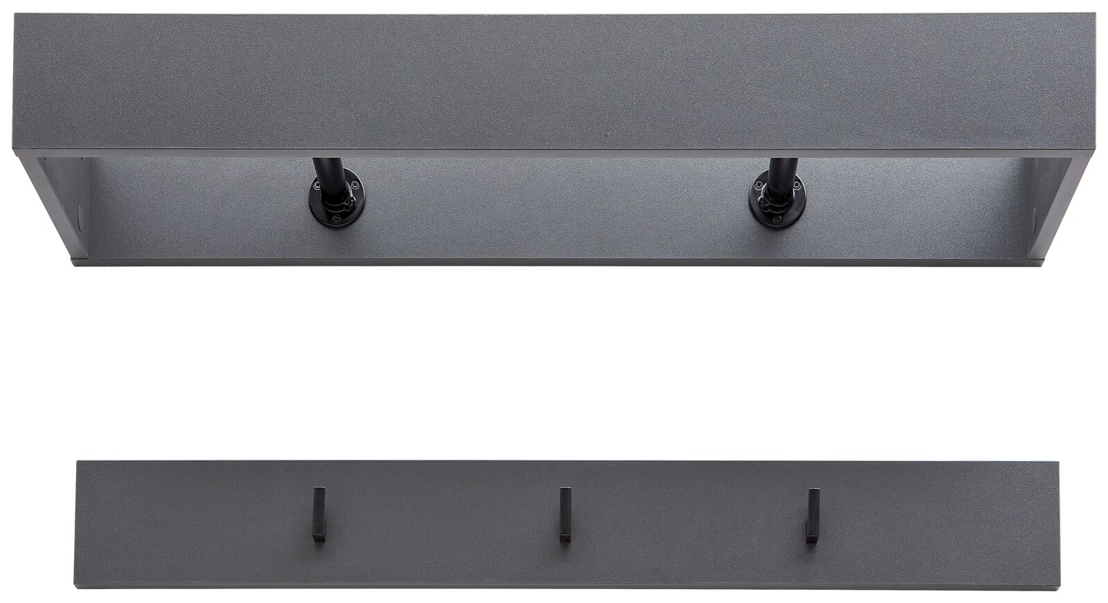 Garderobenpaneel-Set in dunklem Grau, bestehend aus einem oberen Regal mit zwei Kleiderstangen und einem unteren Paneel mit drei Haken, aus der Vorderansicht.