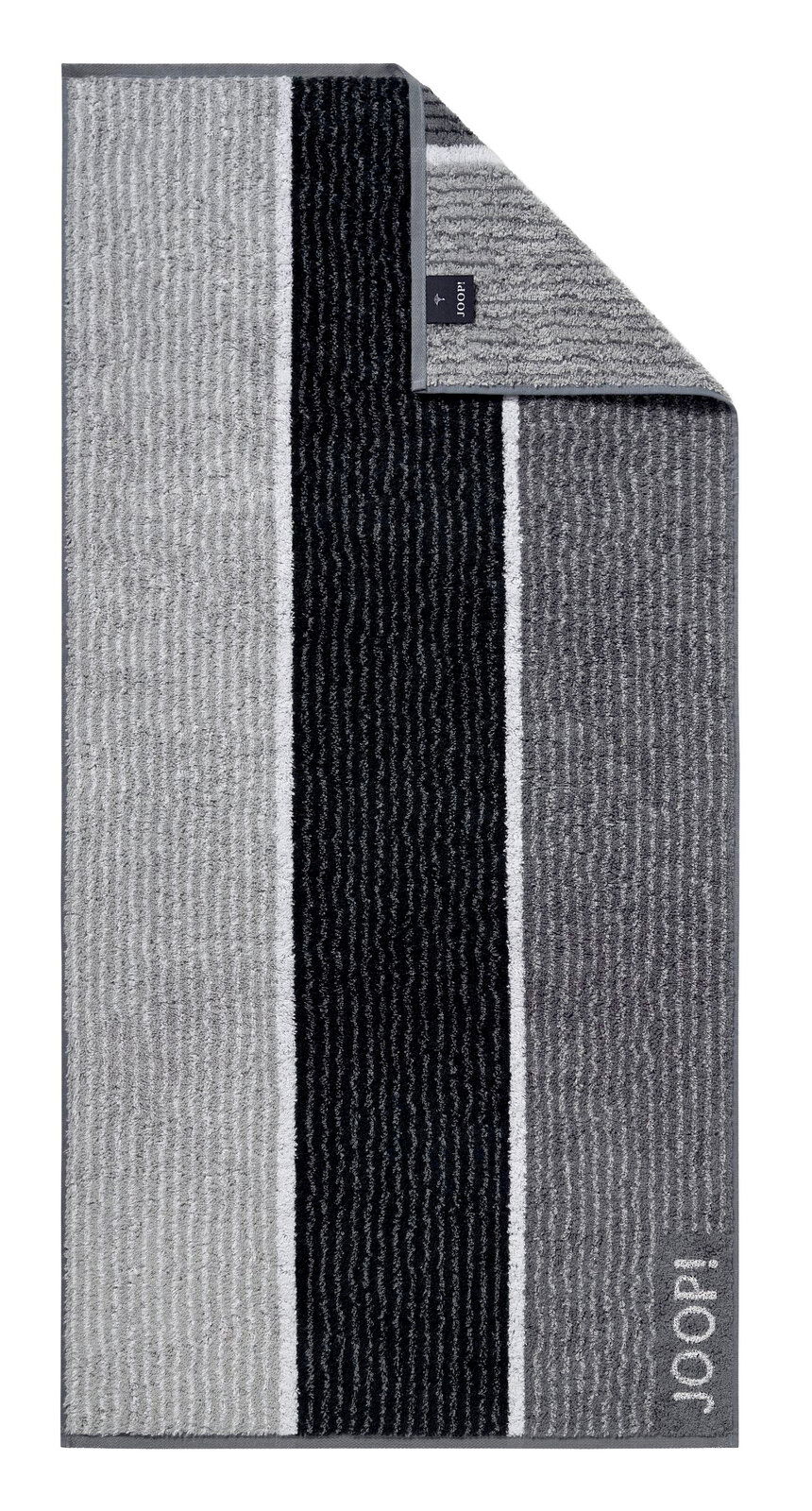JOOP! Handtuch SIGNATURE Handtuch mit grauen und schwarzen Streifen, von oben fotografiert, mit umgeschlagener Ecke und Markenlogo.