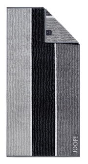 Handtuch mit grauen und schwarzen Streifen, von oben fotografiert, mit umgeschlagener Ecke und Markenlogo.